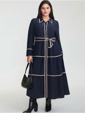 BloomChic Navy Maxi Shirt Dress with Ivory Contrast Trim